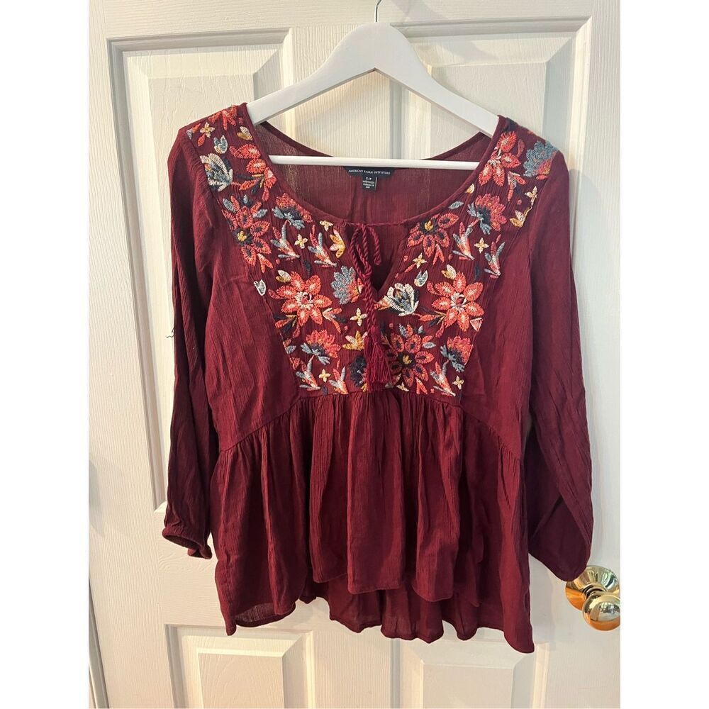 American Eagle Burgundy Embroidered Tassel Tie Peasant Swing Blouse sz S NWOT